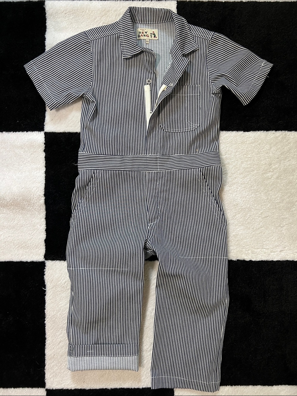 Hey Gang Striped Short-Sleeve Kids' Jumpsuit in Navy size 2/3